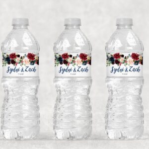 Burgundy Navy Blue Floral Beverage Labels Waterproof Set of 10