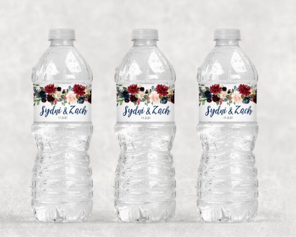 Burgundy Navy Blue Floral Beverage Labels Waterproof Set of 10