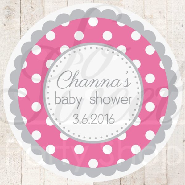Baby Shower Favor Sticker Labels Pink and Gray Polka Dot