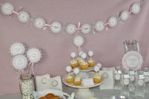 Baby Shower Decorative Sticker Labels Pink and Gray Set of 24